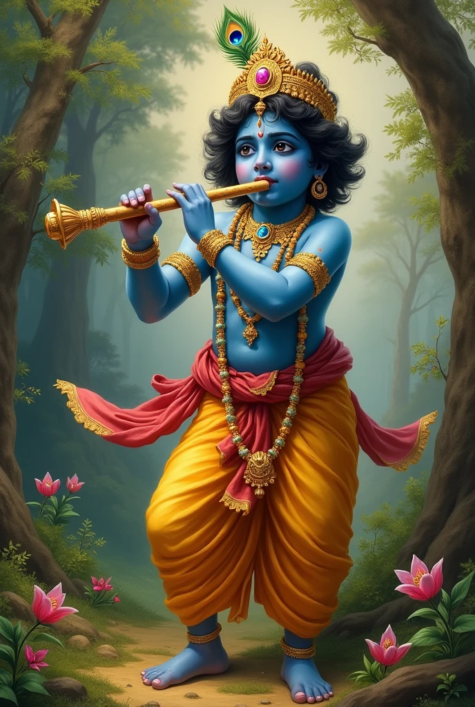 ভগবান শ্রীকৃষ্ণ তার মাথায় ময়ূর এর পাক থাকে হাতে বাঁশি থাকে তিনি মনের সুখে বাঁশি বাজায় উনার