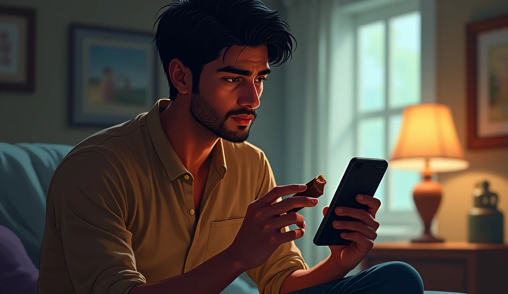 Finally, depict Rahul back in his room, holding a piece of chocolate in his hand, looking at his phone with a thoughtful expression. The scene has a mix of reality and a hint of the magical world he just visited.