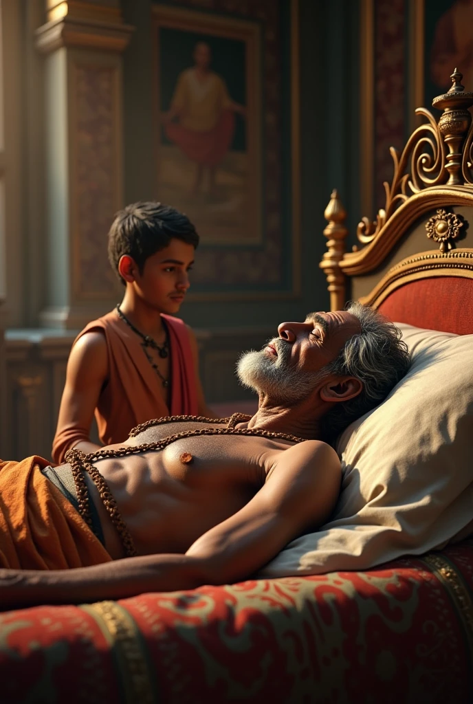 in 3d, King Someshwar's Last Moments: An artistic rendition of King Someshwar passing away, with a young Prithviraj by his side, preparing to take on the responsibilities of the throne.