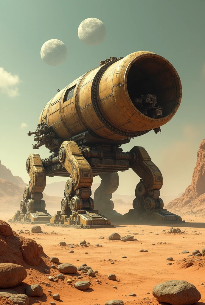 巨大な古代Sandcrawler, Detailed crashed spaceship, Detailed spaceship, movie「Dune」Sandcrawler, Abandoned Sandcrawler, flying scifi vehicle, レトロなSF Spaceship, Very detailed, SF Spaceship, Two moons、caterpillar、crawler track、caterpillar、Huge barrel、Exposed Machine