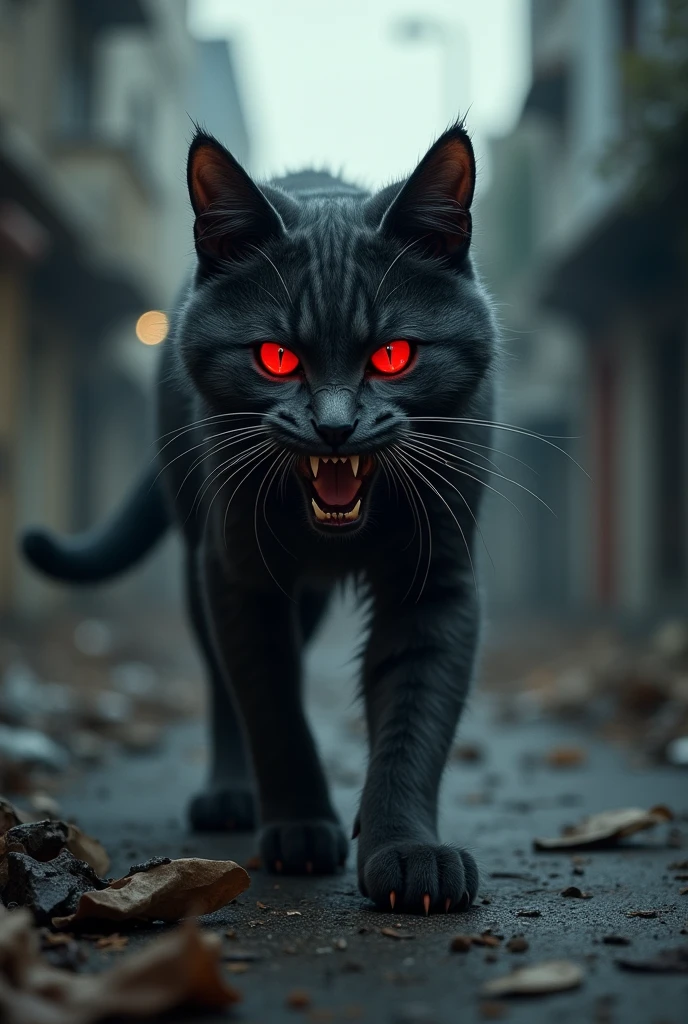 A cruel cat with red eyes in street 