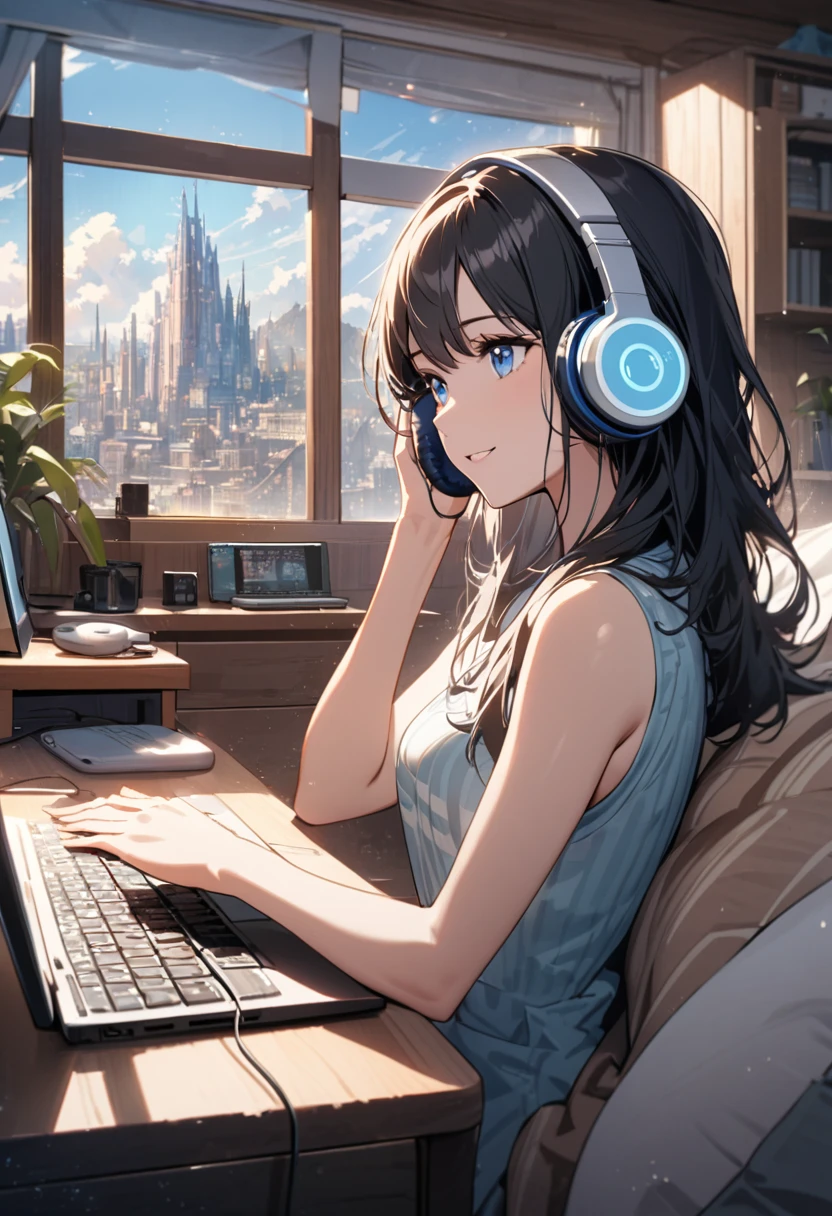 Beautiful woman, alone, A gentle smile on her face, Black Hair, blue eyes, Sleeveless Women, Beautiful depiction,A woman sitting in front of a computer in a cozy bedroom,Beautiful Eyes ,A woman listening to music in a cozy room... (noon), Use headphones, (beautiful noon views from windows), city,Very detailed