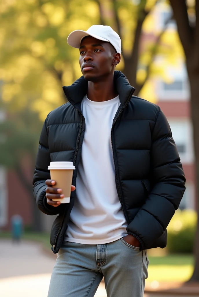 best qualityer:1.4), (ultra high resolution:1.2), (photorrealistic:1.4), (8k, CRU photo:1.2), a thin young man of 20 years old, skin black, with a smooth, beardless face, corte de cabelo buzzcut. He is wearing a white shirt and a black puffer jacket.. He&#39;s wearing light jeans. standing. In the background there is a tree and a college building. is wearing a white cap. He has a coffee in his hand. It&#39;s sunny. thin build. 1.75 tall 