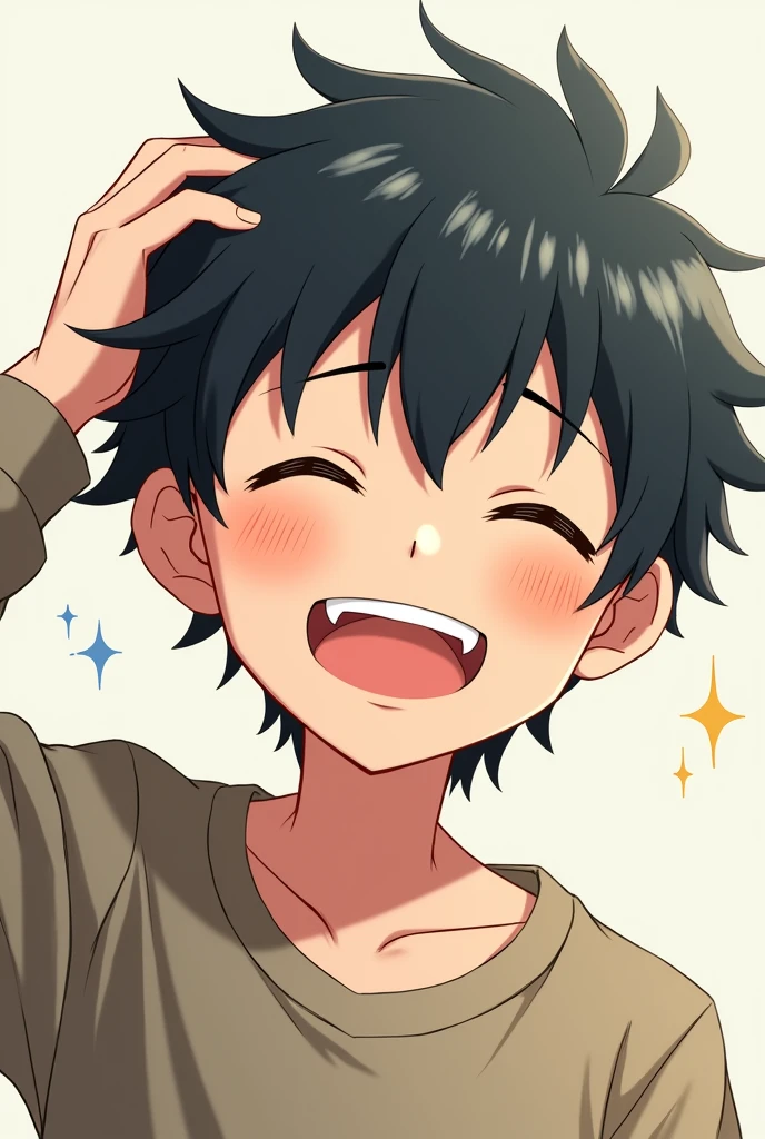 Anime guy scratching the back of his head with his eyes closed while smiling and one of his canine teeth sticking out 