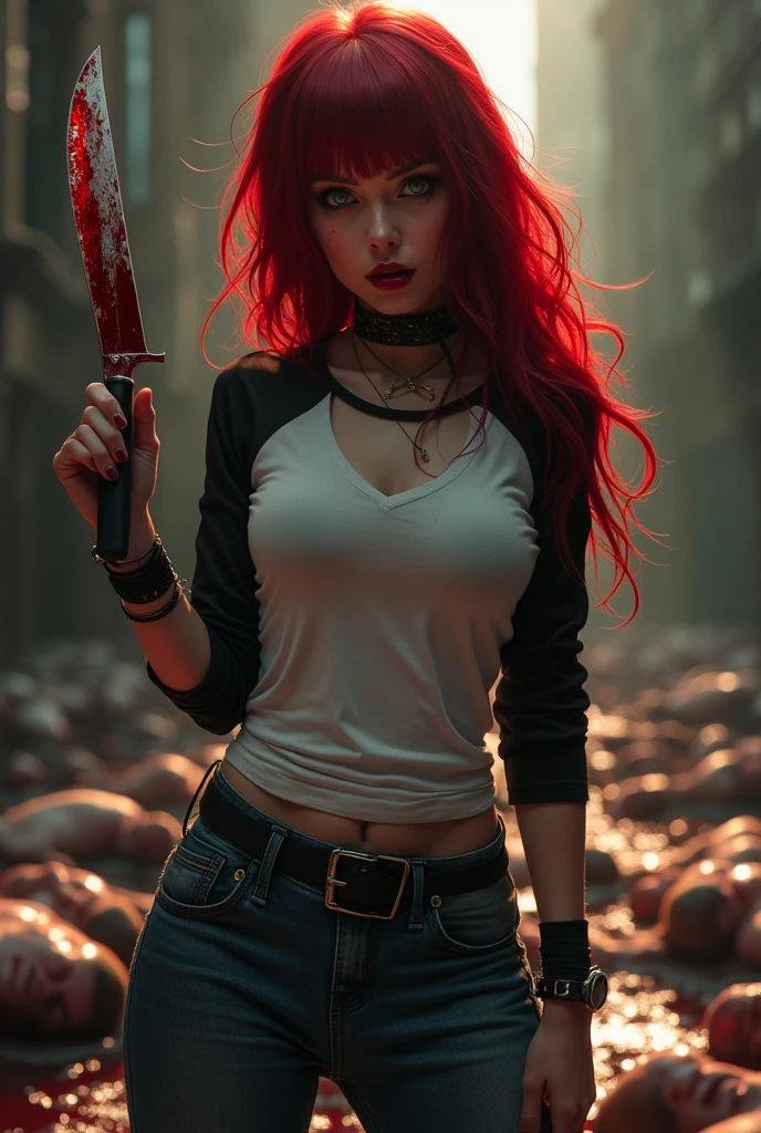 Seductive and Beautiful young woman with a soul of pure evil and hatred. Alluring long red haired serial killer wearing a punk rock raglan top, skinny jeans, and combat boots. Surrounded by blood and bodies.  She attacks a man viciously, A bloody knife in her right hand. A sinister smile crosses her glossy red lips.