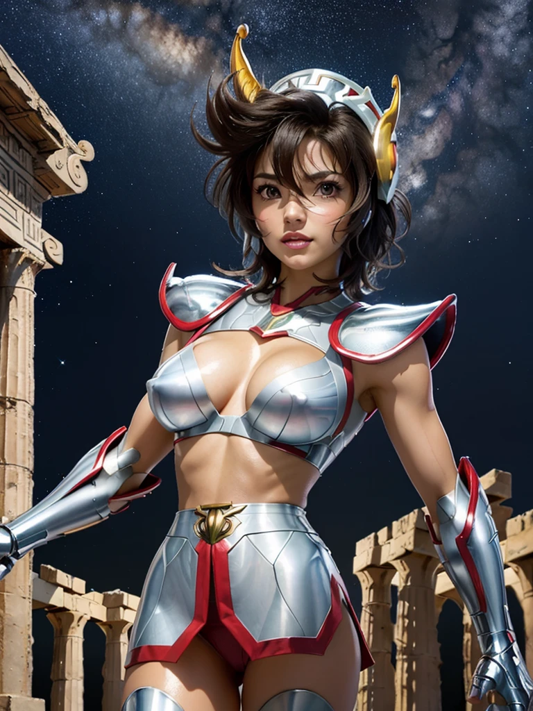 masterpiece, best quality, ultra high res, realistic skin texture,silver armor, armature, (photorealistic:1.4), high resolution, raw photo, 1 girl, shiny skin, (detail skin:1.2), realistic skin texture, best lighting, wearing red panty, (perfect breast:1.3), sparkle, mecha armor, (short hair:1.2), (Pegasus Seiya:1.2), wearing a winged helmet, dramatic lighting, dynamic pose, (greek temple background:1.3), night sky, cosmos, milky way,