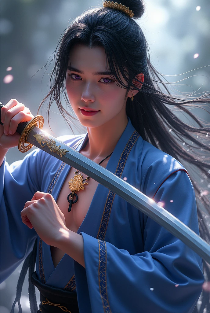 (A age man wields a Chinese sword),(cool guy), Hanfu, ink surround,Surrounded by wind, Realistic, Clear face, The eyes are clear and bright, high detal, Movie Lighting, motionblur, Ray traching, reflective light, (closeup cleavage), tmasterpiece, Best quality at best, high qulity, Anatomically correct, ctextured skin, high detal, super detailing, 1080P, hyper HD, k hd,A boy with,BLACK hair, ePurple eyes, Ancient man, swordsmen, long black hair,, clavicle, Wear a necklace,Traditional Hanfu, Gorgeous costumes, Xianxia, fantasy, gentleness, Dragon Totem, Glows skin, rainwater, water dripping, White coat,Pure desire,Young man,The light is gentle,ssmile