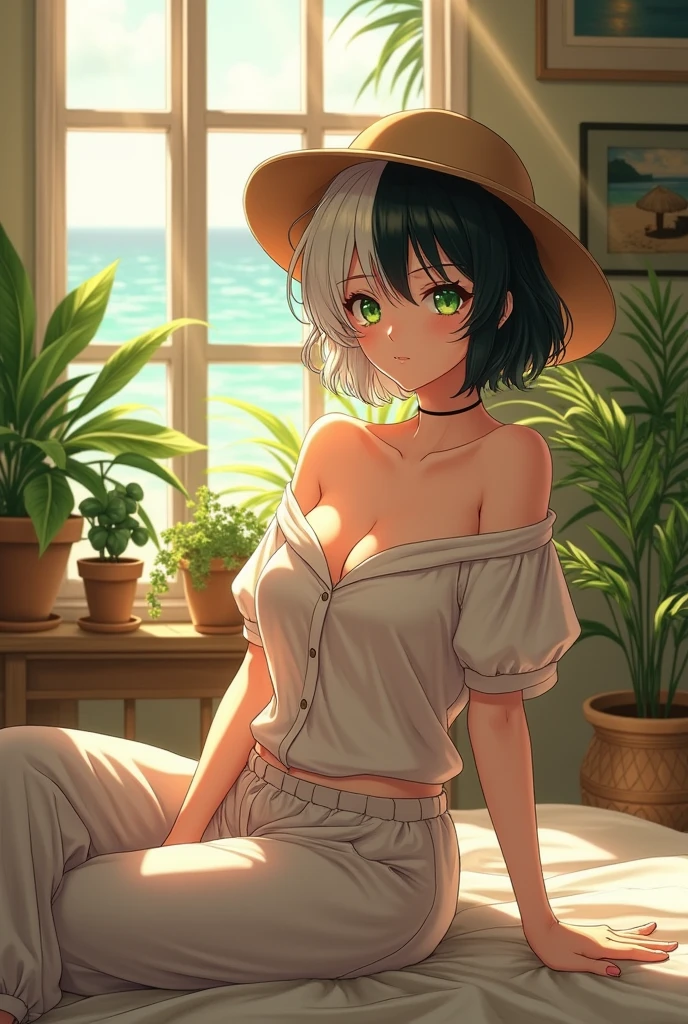 (photorealism:1.2), beautiful woman, sitting on bed, wearing loose off-shoulder top, pajama pants, long curly hair, indoors, soft lighting, plants in background, window with sunlight, cozy room, relaxed pose, realistic, intricate details, warm colors, by Greg Rutkowski, by Alphonse Mucha
make her and anime character with green eyes, white hair on the right and black hair on the left, medium sized breast, and short hair
make her hair short
wearing a hat under the sun on the beach