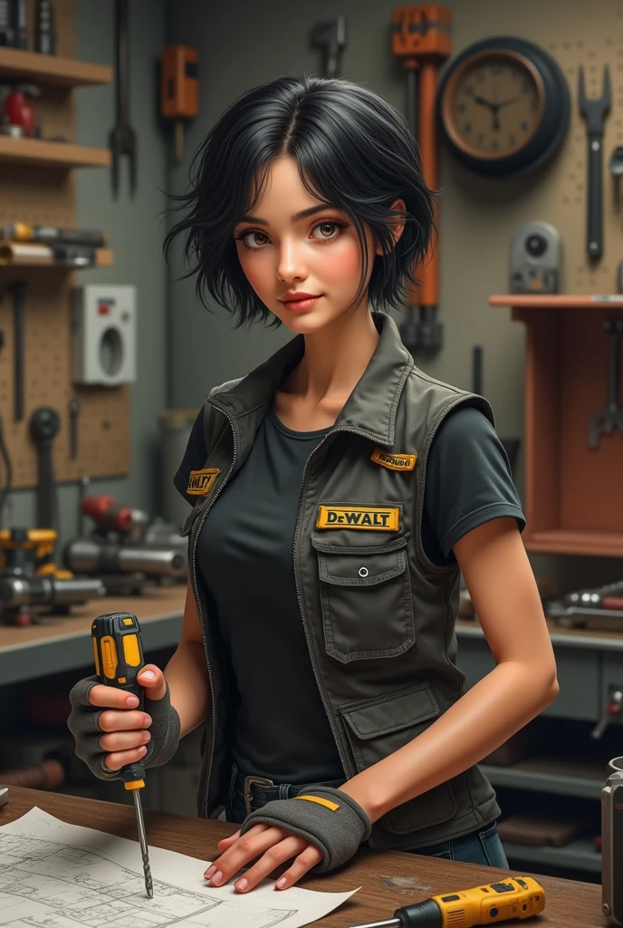 character:

Age and Appearance: young, About 30 years, with a confident and energetic attitude.
hair: negro, short and somewhat disheveled, with strands that fall slightly over the forehead for a modern look.
CLOTHES: She is wearing a tight t-shirt, Possibly in a dark color like black or gray, and a sleeveless vest over it, which could be a purple color. The vest has several tool pockets and functional details..
Accessories: He holds a yellow and black Dewalt screwdriver in one hand, which adds a touch of action and dynamism to the image.
bottom:

Environment: A repair or DIY workshop. The background is full of shelves with tools, melamine furniture and some machines or work benches.
Background details: Tools hanging on the wall, an open toolbox with various tools scattered around, and perhaps some blueprints or manuals on a work table to give the environment a more authentic feel.