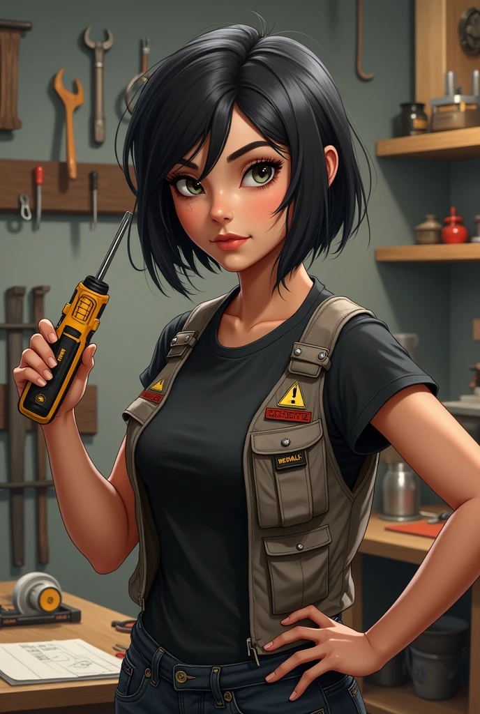 character:
Age and Appearance: young, About 30 years, with a confident and energetic attitude.
hair: negro, short and somewhat disheveled, with strands that fall slightly over the forehead for a modern look.
CLOTHES: She is wearing a tight t-shirt, Possibly in a dark color like black or gray, and a sleeveless vest over it, which could be a purple color. The vest has several tool pockets and functional details..
Accessories: He holds a yellow and black Dewalt screwdriver in one hand, which adds a touch of action and dynamism to the image.
bottom:
Environment: A repair or DIY workshop. The background is full of shelves with tools, melamine furniture and some machines or work benches.
Background details: Tools hanging on the wall, an open toolbox with various tools scattered around, and perhaps some blueprints or manuals on a work table to give the environment a more authentic feel.