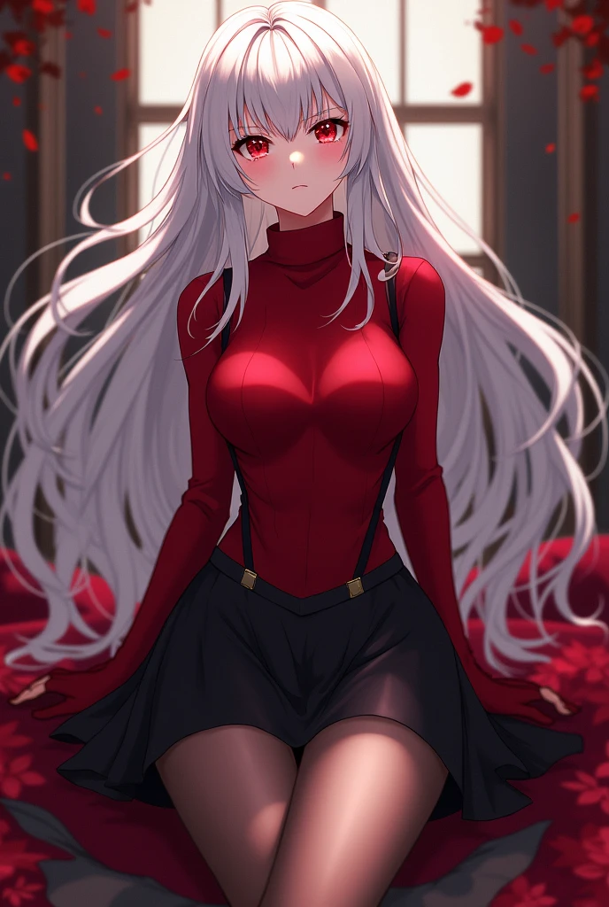 Anime woman with long white hair and red eyes. Wearing a red turtleneck sweater, black skirt, and sheer stockings with high heels.