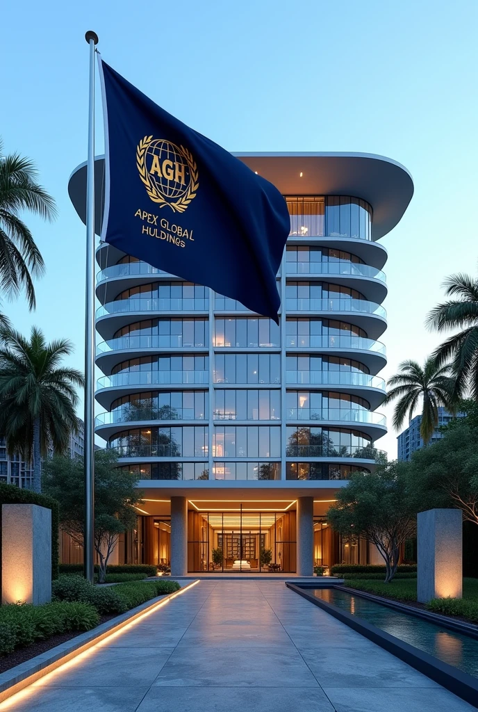 Building The image showcases a modern building with distinct Singaporean architectural elements. The building features sleek glass facades, clean lines, and an elegant, minimalist design that reflects a blend of modernity and traditional Southeast Asian influences. The structure rises several stories high, with a curved roof inspired by the traditional "Minangkabau" style, slightly flaring at the edges.
At the top of the building, prominently displayed is a large sign that reads "APEX GLOBAL HOLDINGS EMBASSY" in bold, metallic letters, illuminated subtly for a sophisticated look. The lettering is centered above the main entrance, which is framed by two large, polished stone pillars.
The building is surrounded by a lush, well-manicured compound, featuring a variety of tropical plants, palm trees, and a koi pond that reflects the building's modern yet organic design. A wide, stone pathway leads to the entrance, bordered by low, neatly trimmed hedges.
Flag Description:
A flagpole stands to the right of the main entrance, positioned near the koi pond. The flag of Apex Global Holdings is flying atop it, featuring a deep navy blue background with a golden emblem at the center. The emblem is a globe encircled by olive branches, symbolizing peace and global reach, with the letters "AGH" elegantly inscribed at the bottom of the globe in a bold, modern font. The flag waves gently in the breeze, adding a sense of dignity and prestige to the setting.
The entire scene is set against a clear blue sky, with the building’s glass facade reflecting the natural surroundings, enhancing the serene and prestigious ambiance of the compound.