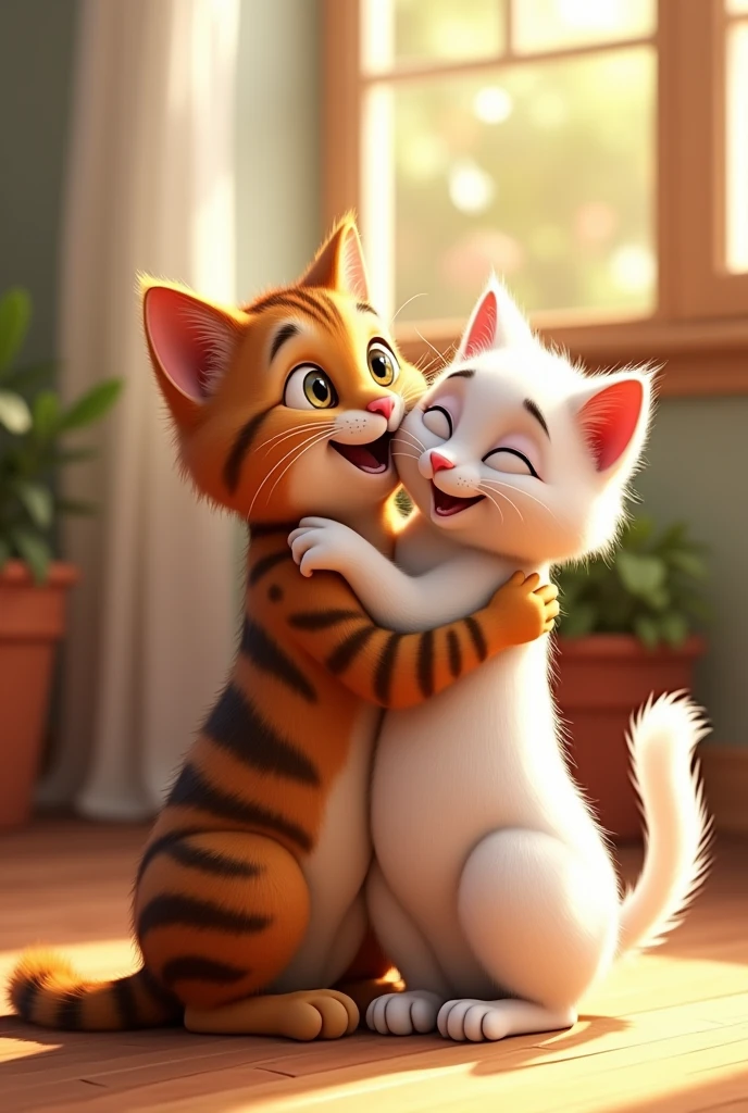 Moti brown cat band Sona white cat Happy Reunion After Sickness: Moti, now recovered, playing again with Sona, both cats looking healthy and joyful, celebrating their enduring friendship. Pixar style