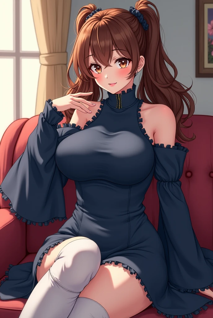 tall girl, white skin, brown hair with dual ponytails, thick body, dark blue tent dress, dark blue bell sleeves, white boots, sitting on a couch, fanart