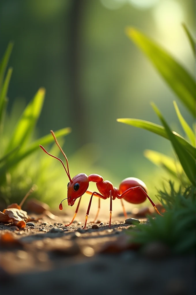 A skinny red ant is eating a snack.