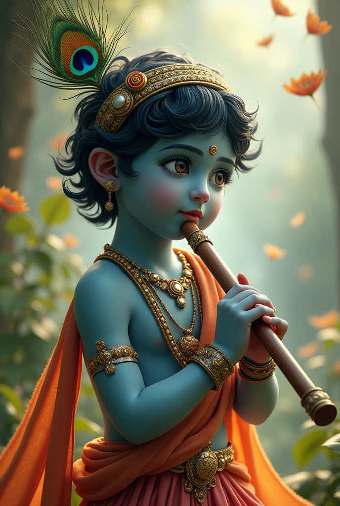 Create an AI-generated image of Lord Krishna using this photo as the base. Ensure that the image reflects Krishna’s divine characteristics such as a peacock feather, blue skin, flute, short hairs, and traditional attire