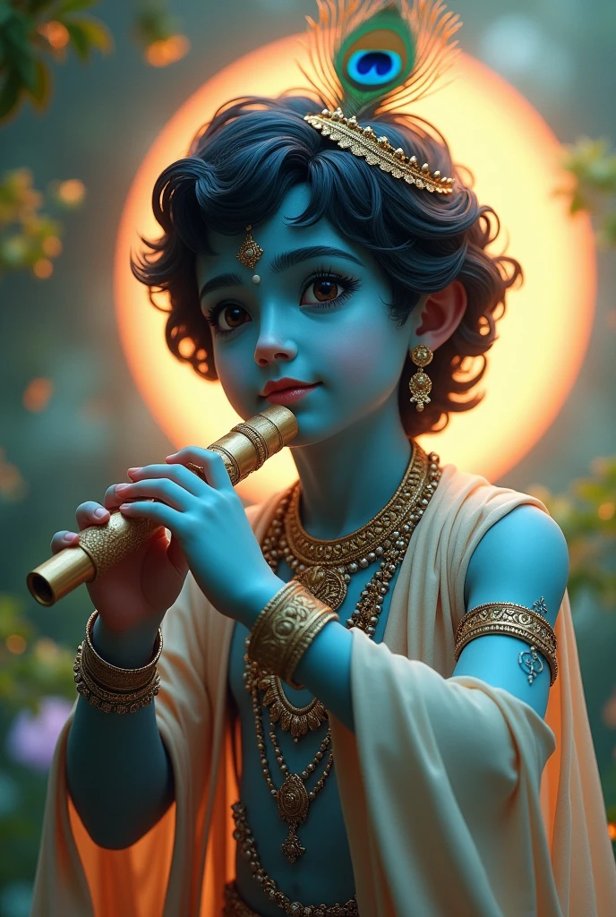 Create an AI-generated image of Lord Krishna using this photo as the base. Ensure that the image reflects Krishna’s divine characteristics such as a peacock feather, blue skin, flute, short hairs, and traditional attire
