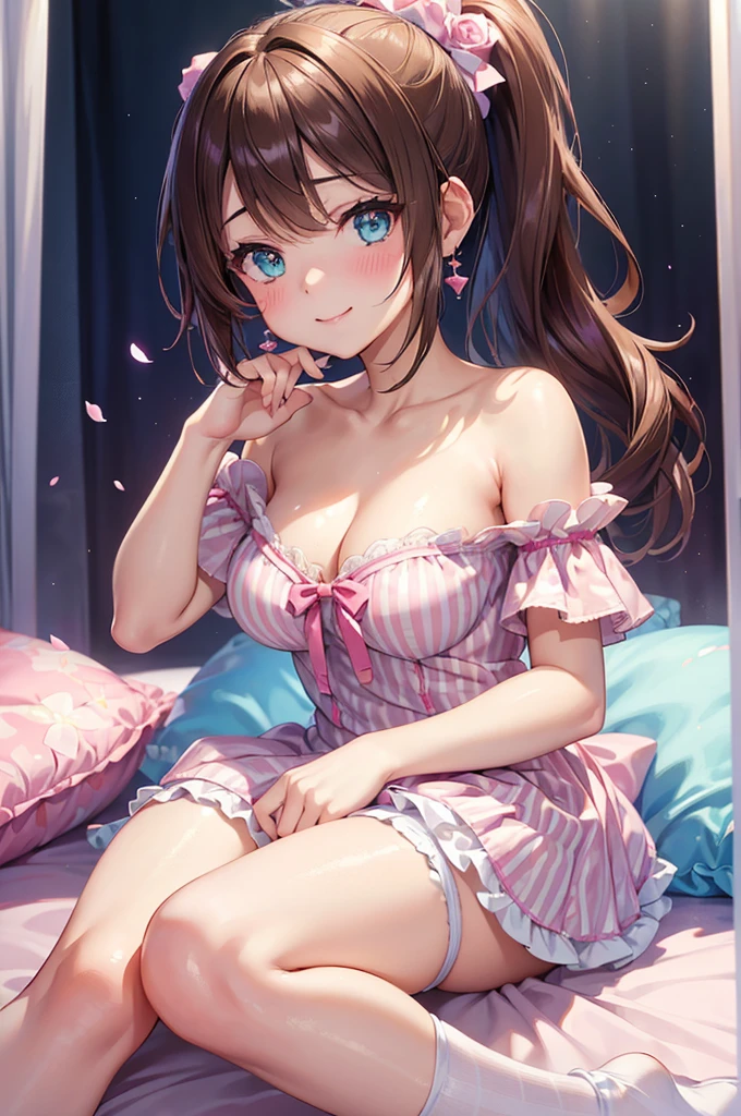A beautiful girl in a violet dress sitting on a bed with rose petals, anime girl,masterpiece, longing, closeup cleavage, Big eyes, KawaTech, kawaii, Cute, Pastel colors, Best Quality, cheerfulness, Deep background, Symmetrical, Head Tilted, 1girl in, lightsmile, Shiny skin, Best Quality, masterpiece, (Game CG:1.4), NSFW, Detailed beautiful face and eyes, bottom shot, turned around, hight resolution, (high detailed face), ((((1girl in)))), ((( Solo ))), delicate and pretty, Perfect face, Beautiful detailed eyes, ((Smile)), earrings, smile, blush, pupils sparkling, Fair skin, Real Human Skin, ((((20 years old )))), (big round breasts)), Baby face, dark brown hair, pink gradient bangs, long bangs, long hair, (((Ponytail))), wavy hair, swept bangs, shiny hair, hairclip, ribbon, hair flower, gymnastic suit, masterpiece, super fine illustration, best quality, light particles, ultra-detailed, 8K wallpaper, (bright colors:1.2), solo, ((a )), big breasts, (brown hair), shiny skin, (wearing pale violet and white horizontal striped dress, short sleeve), (frilled miniskirt), (white legwear), ((horizontal striped panty)), (beautiful aqua eyes, shiny eyes, big eyes), affectionate smile, seductive smile, closed mouth, shadowblush cheeks, (naughty room),, panorama, Wide-Angle, f/1.8, 85mm, Nikon, 8k, super detail, UHD, retina, masterpiece, accurate, anatomically correct, textured skin, high details, best quality, highres, pink bed), (pink pillows), (pink curtain), looking back, get d16(own all fours, nsfw, sunlight, high detail, anime, anime style, cinematic lighting, dithering, image fill, framed, pov, perspectivek