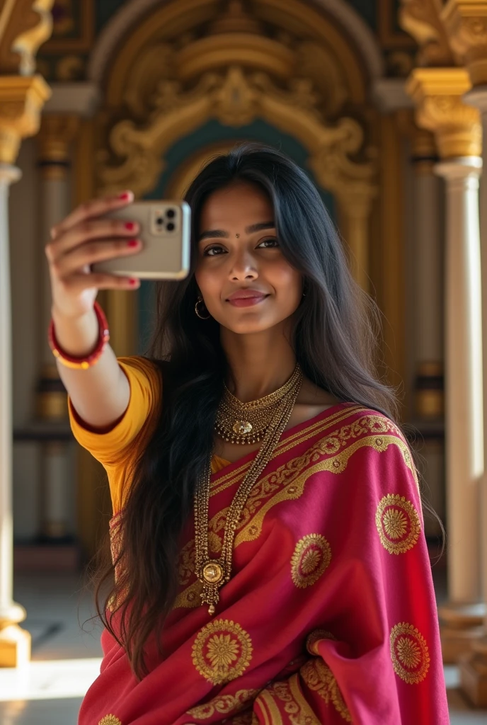 A single Indian 2 girl with long hair wearing saree in shree krishna temple and taking selfie generate a portrait image