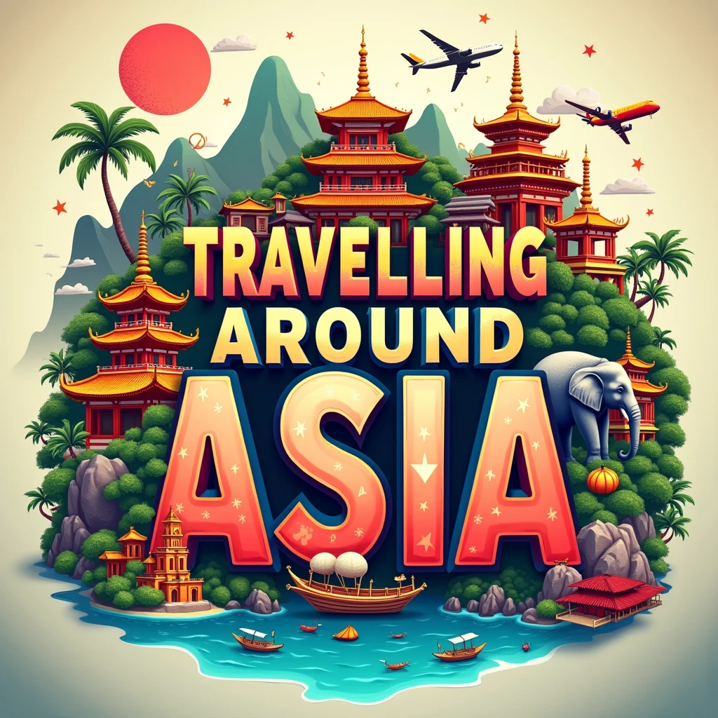 Design an Instagram profile picture for 'Travelling around Asia' with the text 'Travelling around Asia' as the central focus. The background should be a vibrant and colorful depiction of Asia, featuring landmarks like pagodas, elephants, and tropical beaches. Use a bold, adventurous font for the name, ensuring it stands out clearly. Surround the text with subtle travel-themed icons such as a compass, airplane, and passport stamps. The overall design should evoke a sense of exploration and wonder, making the name 'Travelling around Asia' the focal point