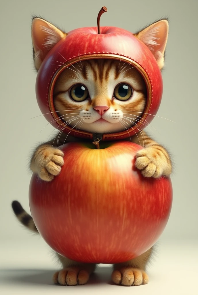 A highly realistic anthropomorphic kitten standing and facing forward. The kitten has an extremely cute face, with a round apple body that includes its face, hands, and feet. The kitten is wearing an adorable apple-shaped helmet. The overall appearance is very lifelike, seamlessly blending the kitten's features with the apple