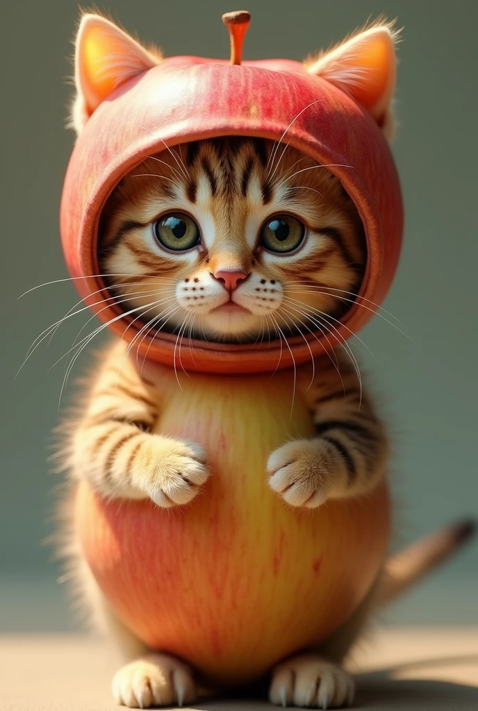 A highly realistic anthropomorphic kitten standing and facing forward. The kitten has an extremely cute face, with a round apple body that includes its face, hands, and feet. The kitten is wearing an adorable apple-shaped helmet. The overall appearance is very lifelike, seamlessly blending the kitten's features with the apple