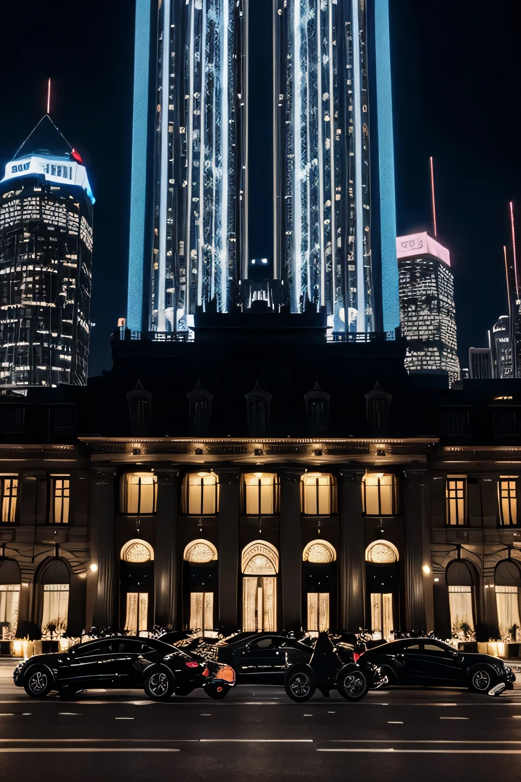 Beautiful luxury very big building with so many lights and beautiful  very big building with lots of black expensive big cars standing outside the building and bodyguards and decorated with flowers 