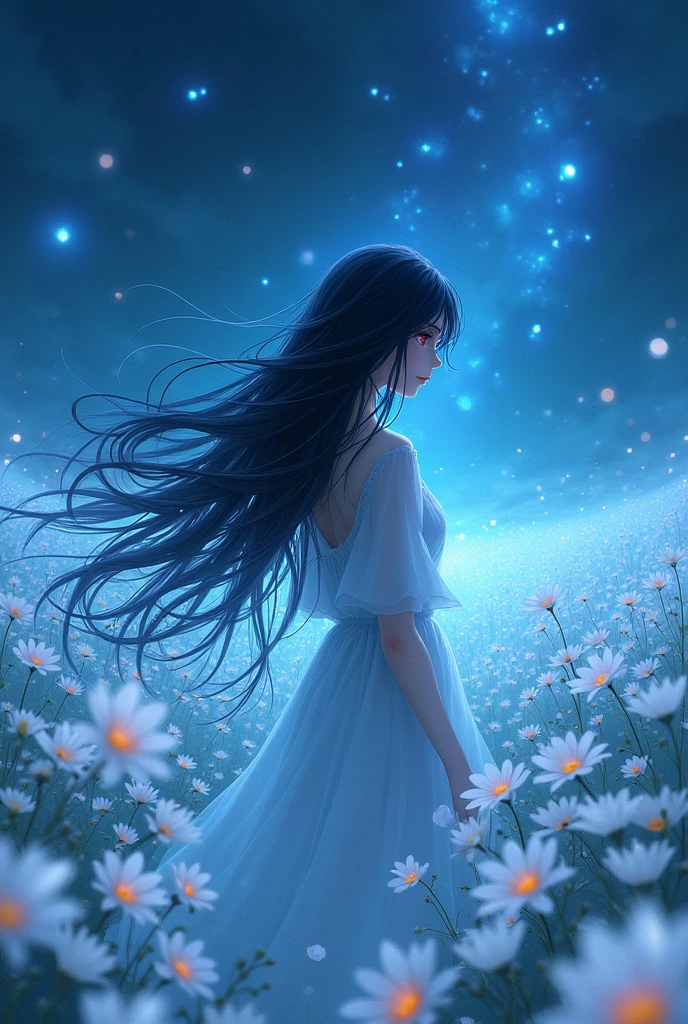 high resolution, Superb details,(Masterpiece:1.2),((Highest quality)),(one woman:1.3),Amidst the stunning beauty of the Milky Way, Countless white flowers bloomed., Petals play a song of colors,Mr..々Blue lights of various sizes and shapes decorate the landscape..,A gentle light spreads throughout the quiet environment.. 繊細な花びらが青い光の複雑な模Mr..Mix together, Create an enchanting atmosphere where the line between nature and art blurs.., The petals are soft.,long black hair,Red eyes from below