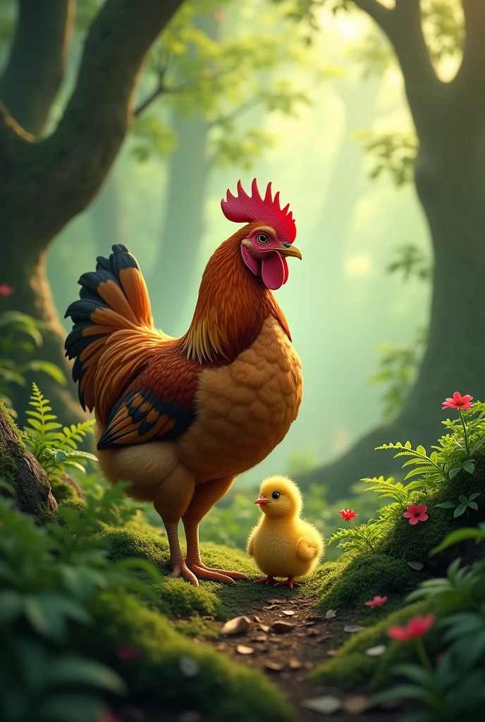 A BIG HEN WITH THE CHICK IN FOREST