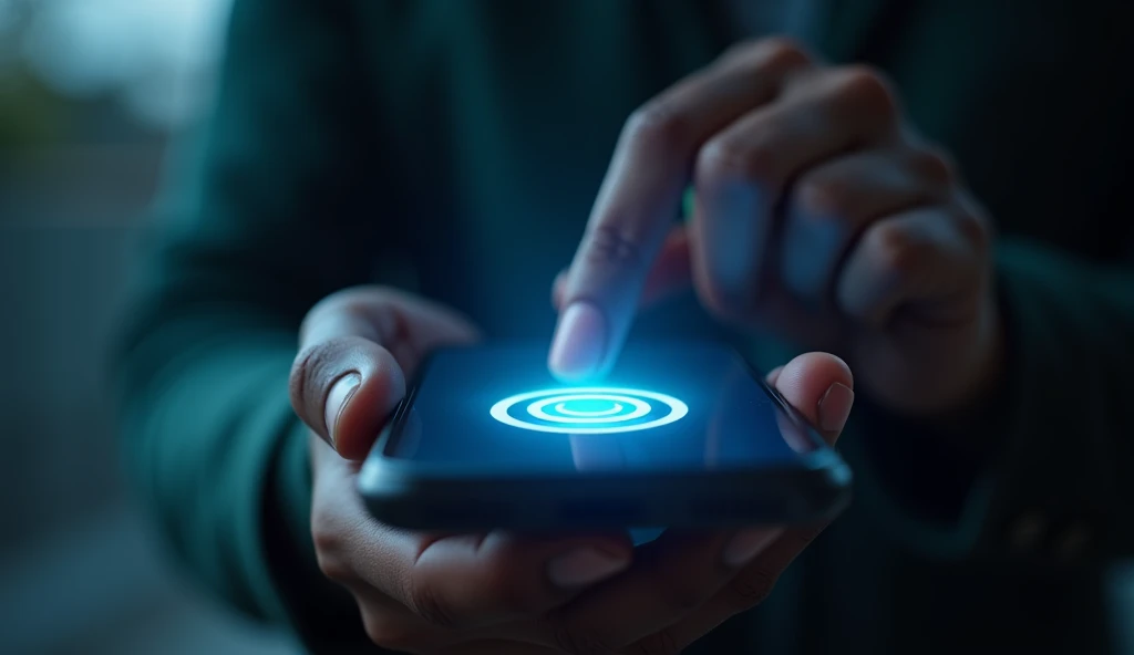 Show a close-up of the smartphone screen with the "Reality Switch" app icon glowing mysteriously. The phone is in Rahul's hand, and his finger is just about to press it. The background should be slightly blurred, focusing on the phone.