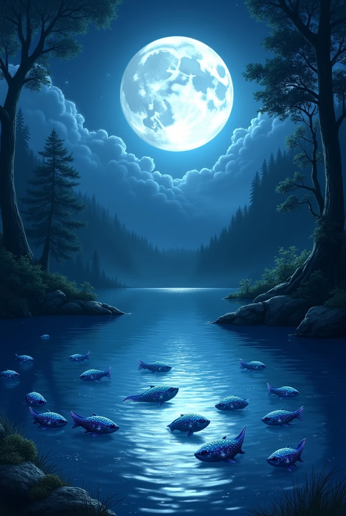 Full moon in night time near Lake in the lake full of floron fish