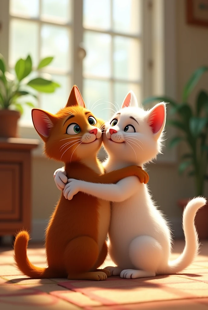 Moti brown cat band Sona white cat Happy Reunion After Sickness: Moti, now recovered, playing again with Sona, both cats looking healthy and joyful, celebrating their enduring friendship. Pixar style