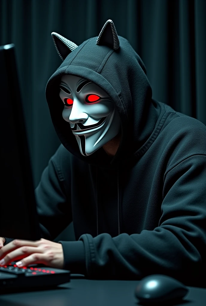It's a stocky man in a black hooded sweater sitting using his hacker computer wearing a white V for Vendetta mask with red eyes with black pupils and cat ears behind him is a black curtain