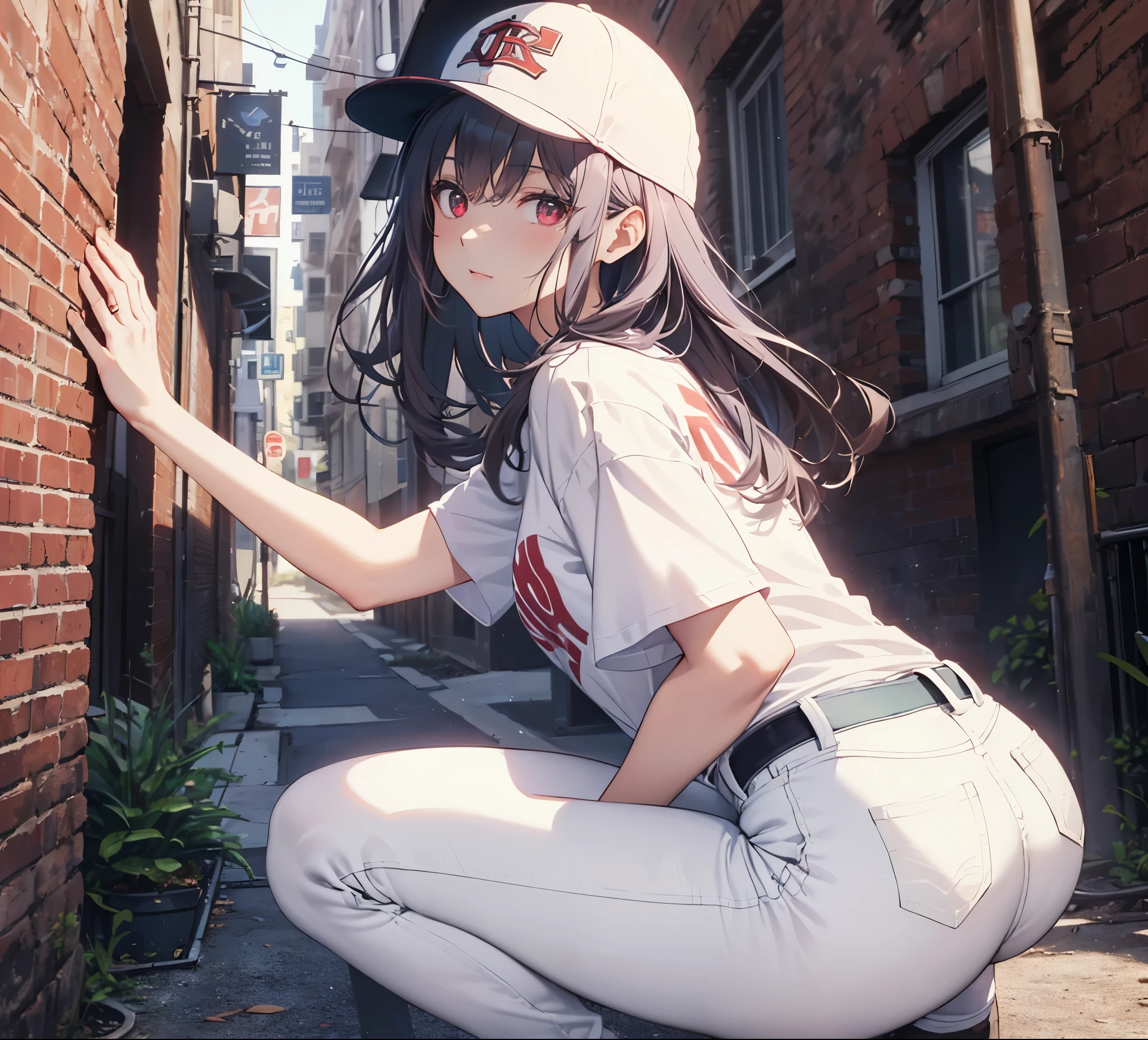(Close-up:1.3),Realistic,Highest quality, Super detailed, High-quality CG rendering, The most delicate and beautiful, Floating softly, High resolution, (1 person), (Highest quality,4K,8k,masterpiece:1.2), Light purple hair,(Long Hair:1.5),Red eyes,(Pure white oversized short sleeve T-shirt:1.3),(Pure white skinny jeans:1.3),(Pure white baseball cap:1.3),In the city,old buildings,Narrow back alley