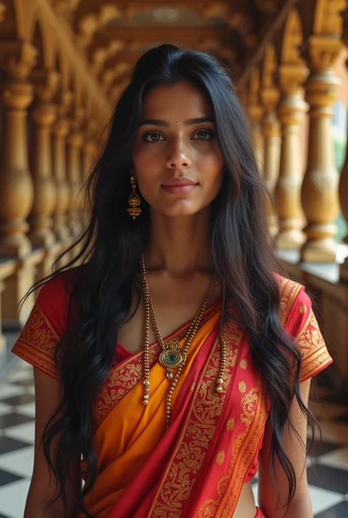 A single Indian 2 girl with long hair wearing saree in shree krishna temple and taking selfie generate a portrait image