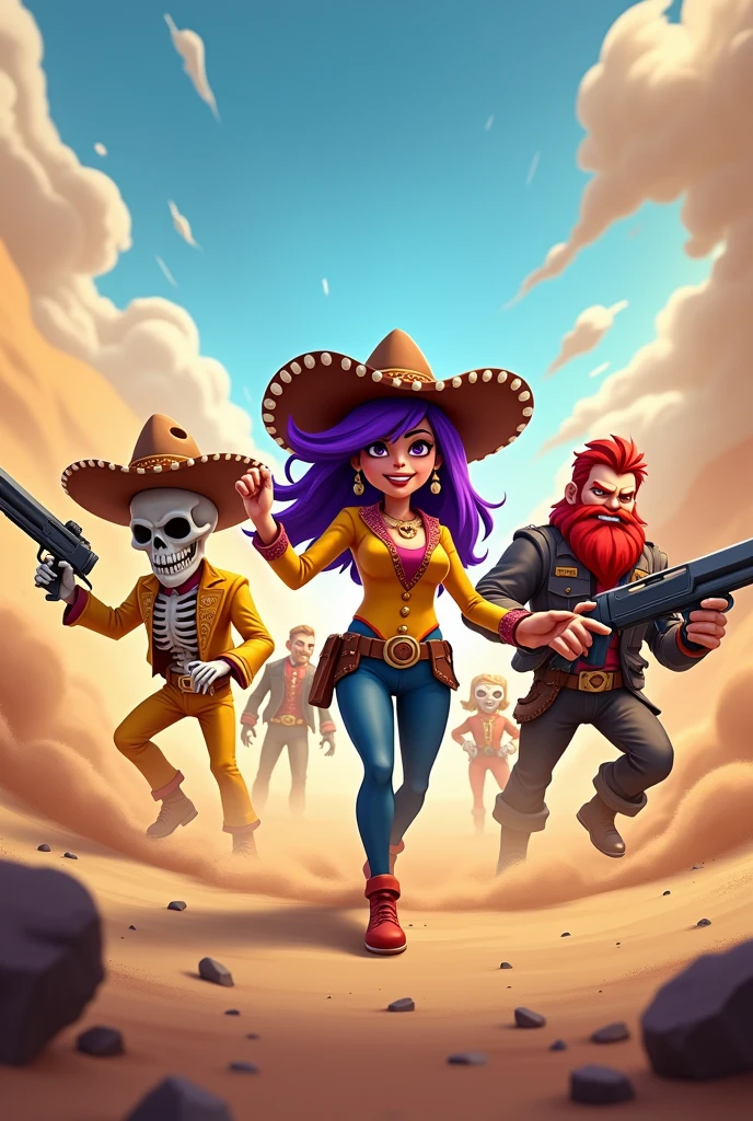 Brawl stars cover photo 3 peoples, first middle of the photo sherrif bandita gurl with purple hair, she have a shotgun in her hand, second is yellow mexican guitarist skeleton, third one is red hair red bearded pretty guy, sherrif uniform he has two weapon in his hand they are escaped from sandstrom. They have a enemies: crow cactus and robot waiter