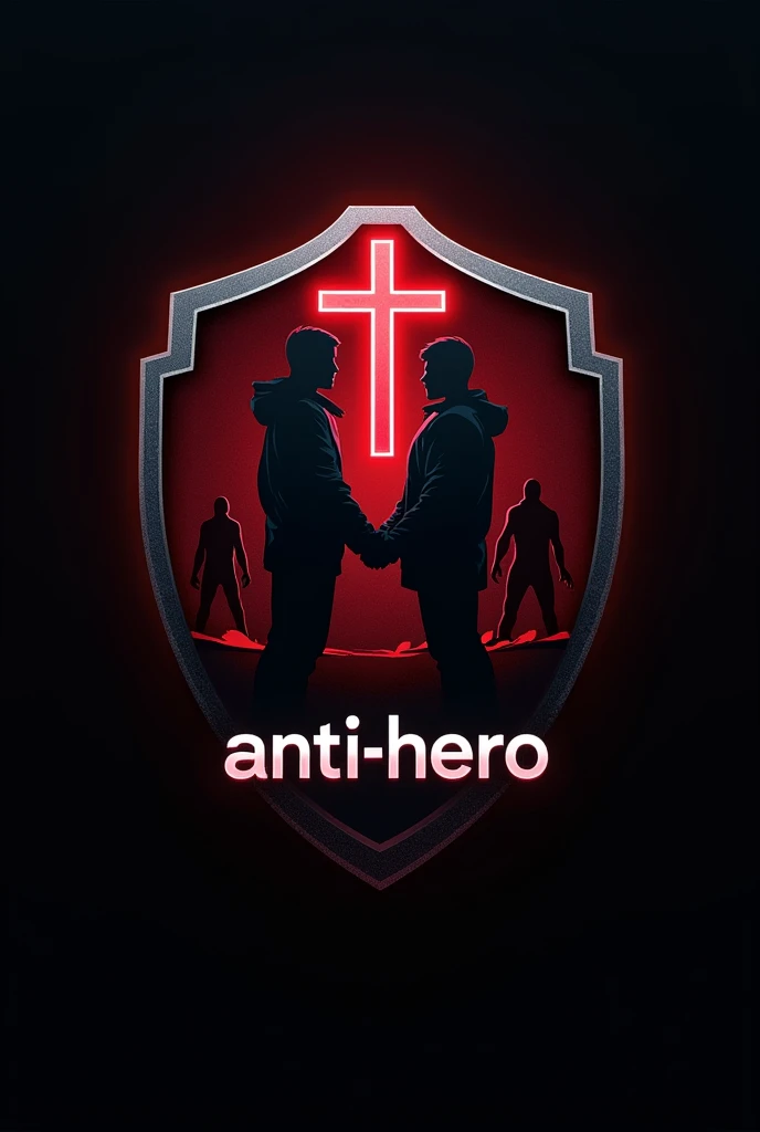 Tim esports logo, Logo Shape: Shield or circle with solid lines, gives a professional and solid impression.Main Elements: In the middle of the shield, depict two silhouettes of a couple standing side by side or holding hands. Behind them, there is a silhouette of a third figure that is the same size as the couple, with a position slightly to the side or slightly behind, shows that he is trying to interfere.The Third Figure: The size of the third figure is the same as the pair, but with a transparency effect or a different color to show that he is not wanted..Rejection: Add a large cross or other prominent element of rejection above the third figure to emphasize the message of rejection..color: Use a black or metallic gray base color for the armor, with red accents for the crosses and other details. color merah akan mempertegas elemen penolakan.Text: The name &#39;Anti-Hero&#39; is added below or around the shield in a bold, modern font to give a professional touch..