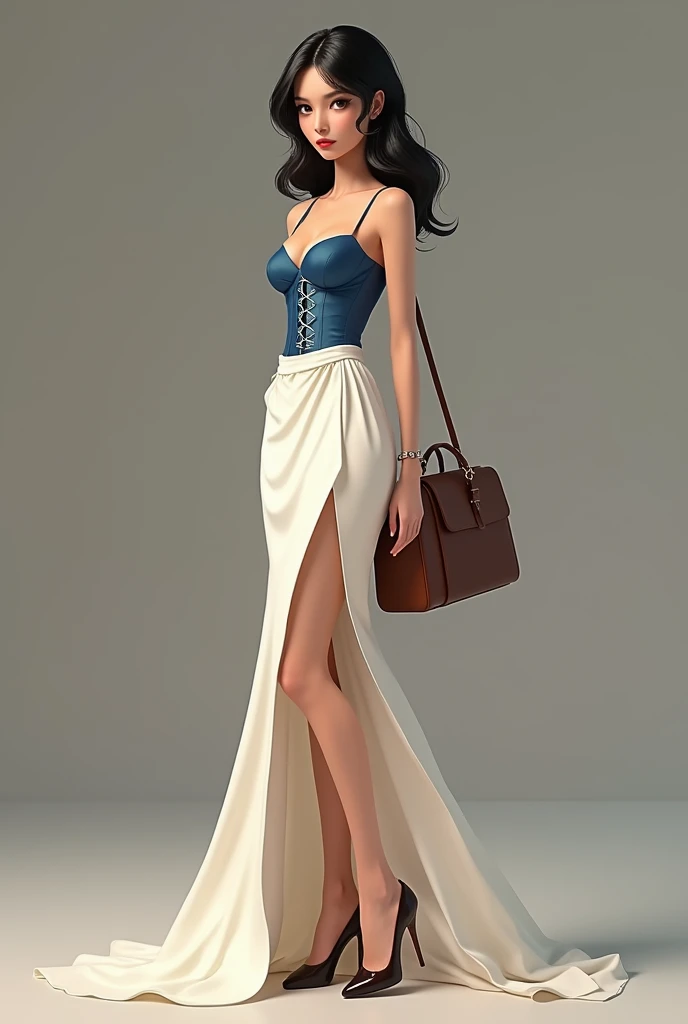 A girl wearing blue corset with white flared skirt and brown heels and a brown bag