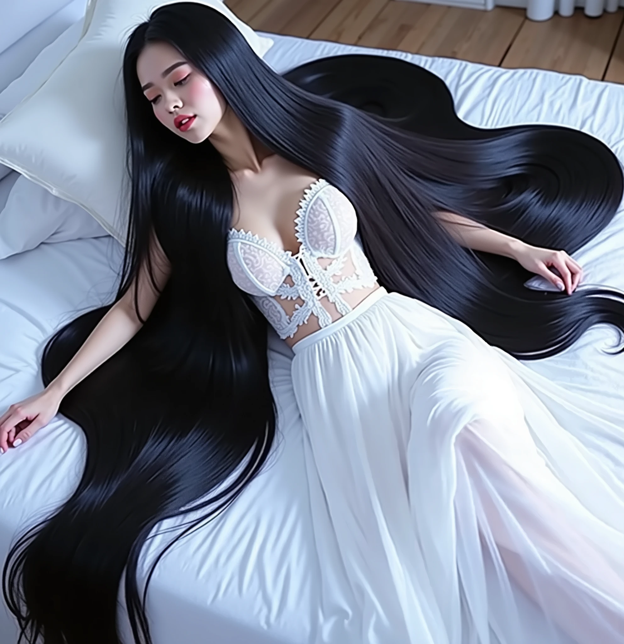 (Best image quality、highest quality、Highest Resolution、Ultra-realistic photos、Full body photo、）1 girl、Amazingly long black hair is super beautiful、Hair length約5Meters、naked、Straight black hair、Very beautiful face、Beautifully groomed black hair、Very large amounts of hair、Super long black hair that accentuates her feminine and sexy look、Slim figure、Shiny, Beautiful Hair、Bright lighting、Professional Lighting、World Super Long Hair Contest Winner、Full body photo、Head to toe photos、Taken from about 4 meters away、ultra-realistic、The longest black hair in the world、Hair longer than Rapunzel、She has very long black hair that covers her entire body...、Hair that is shampooed every day is so beautiful、I&#39;s hair isバラの香りがして、My very long black hair makes me look sexy.、My charm is my long black hair、Long black hair is a symbol of beauty、I&#39;I am proud of my long black hair、This long hair length and volume is admired around the world.、Her very long black hair is fanned out、Smooth black hair that flows from shoulders to floor、I have a lot of hair、Cover the entire bed with hair、Hide your hands with your long hair、Hide your fingers with your long hair、A storm of black hair about to overflow from the screen、,Full body photo,超Super long hair、naked、the most Beautiful Hair in the world、Lie on your back in bed、Long hair covering her vagina、White underwear or naked、Cover the whole body with straight hair、Very beautiful face、beautifully styled black hair、Very large amounts of hair、Super long hair that accentuates femininity&#39;sexly、Slim figure、Beautiful and shiny hair、Bright lighting、Professional Lighting、Full body photo、Black hair contest winner、the place is a bedroom、My hair is reaching the floor and dragging、Full of black hair、She is leaning on the bed, Show off your long hair.、The bed is full of hair、Long black hair covers the whole body、Super long hair、Best image quality、highest quality、Highest Resolution、Ultra-realistic photos、Full body photo、1 girl、Very beautiful face、