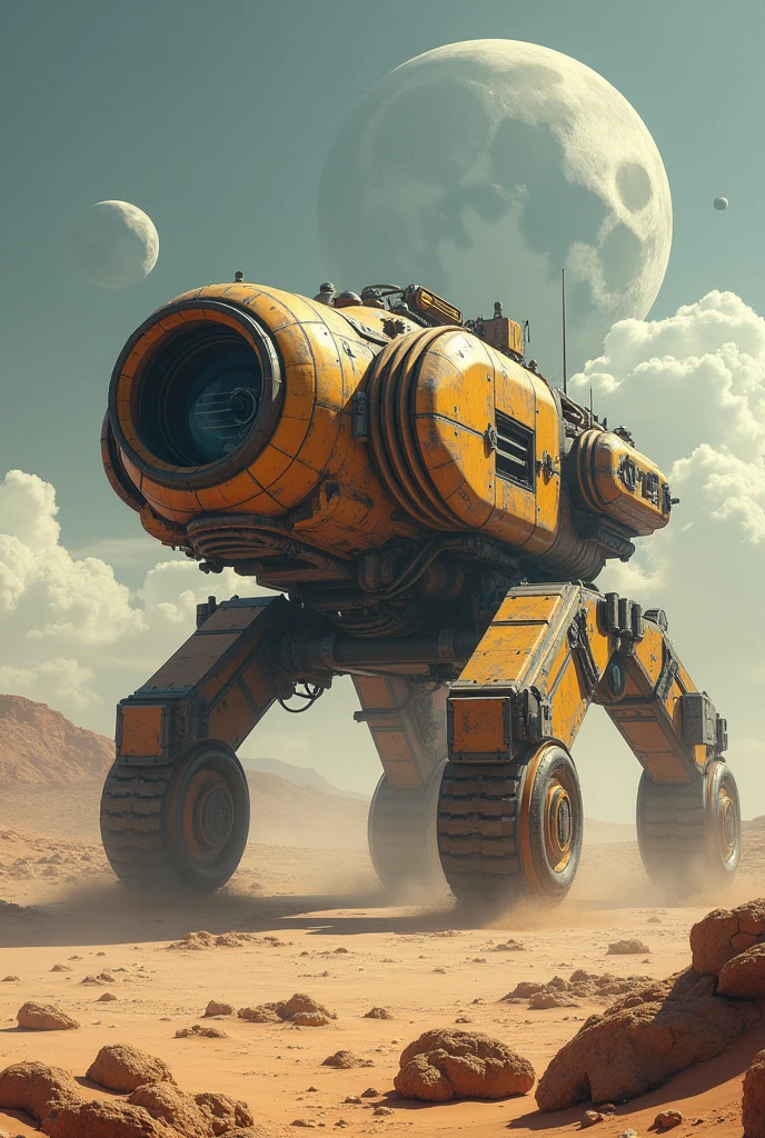 巨大な古代Sandcrawler, Detailed crashed spaceship, Detailed spaceship, movie「Dune」Sandcrawler, Abandoned Sandcrawler, Retro sci-fi sandcrawler, Very detailed, SF Spaceship, Two moons、caterpillar、crawler track、caterpillar、Huge barrel、Exposed Machine、Heavily armed、