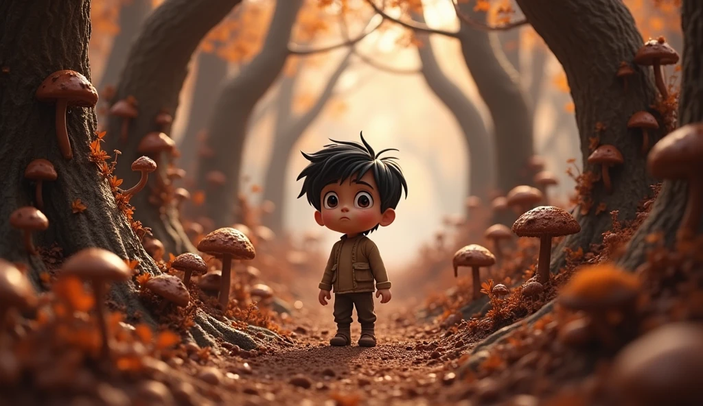 Create an image of Rahul lost in the magical chocolate forest, looking worried as he realizes he can't find his way back home. The scene can show a dense, surreal forest with chocolate elements everywhere, and Rahul appearing small and uncertain.