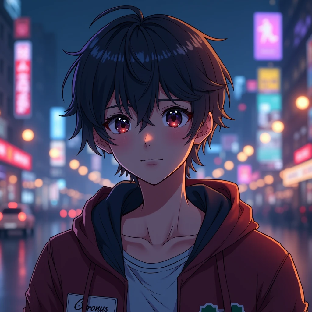 make me an Anime boy with name tag "chronus" in city lights background