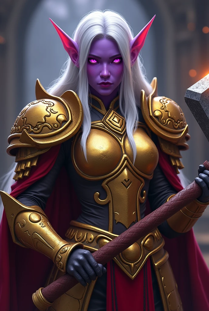 Tema del juego World of Warcraft Imagen de una elfa edad 32 de cabello Blanco de pie sosteniendo su Martillo de Guerra favorito, huge warhammer,dark purple Skin,blood elf Paladin Wow, Long elf ears, glowing purple eyes, Golden extremely intrincate metal Armor, Golden Pauldrons, Golden skull Pauldron, Gold and Red Chestpiece,golden Gauntlets, Dark red tabard, tonos dramáticos. Una obra maestra con la más alta resolución. , Tipo de imagen surrealista,armor metal reflections,Photorealistic, Hyperrealistic, Hyperdetailed, analog style, detailed skin,soft lighting, subsurface scattering, realistic, heavy shadow, masterpiece, best quality, ultra realistic, 8k, golden ratio, Intricate, High Detail, film photography, soft focus