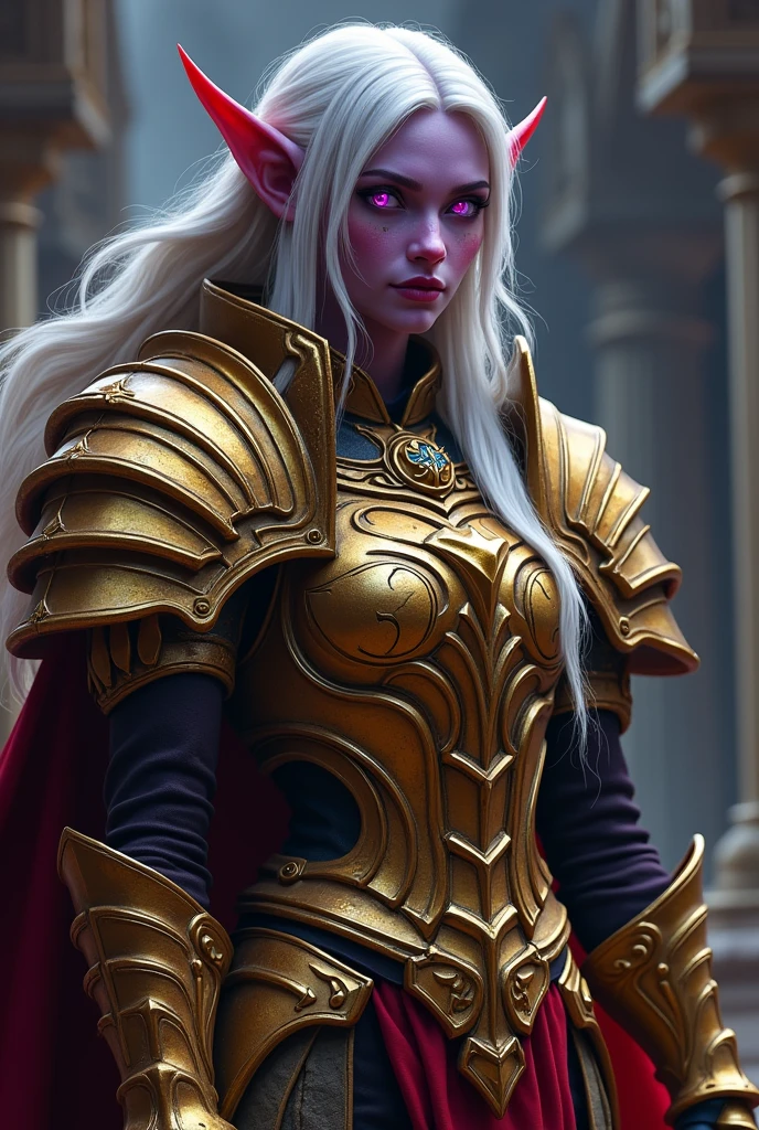 Tema del juego World of Warcraft Imagen de una elfa edad 32 de cabello Blanco de pie sosteniendo su Martillo de Guerra favorito, huge warhammer,dark purple Skin,blood elf Paladin Wow, Long elf ears, glowing purple eyes, Golden extremely intrincate metal Armor, Golden Pauldrons, Golden skull Pauldron, Gold and Red Chestpiece,golden Gauntlets, Dark red tabard,  tonos dramáticos. Una obra maestra con la más alta resolución. , Tipo de imagen surrealista,armor metal reflections,Photorealistic, Hyperrealistic, Hyperdetailed, analog style, detailed skin,soft lighting, subsurface scattering, realistic, heavy shadow, masterpiece, best quality, ultra realistic, 8k, golden ratio, Intricate, High Detail, film photography, soft focus