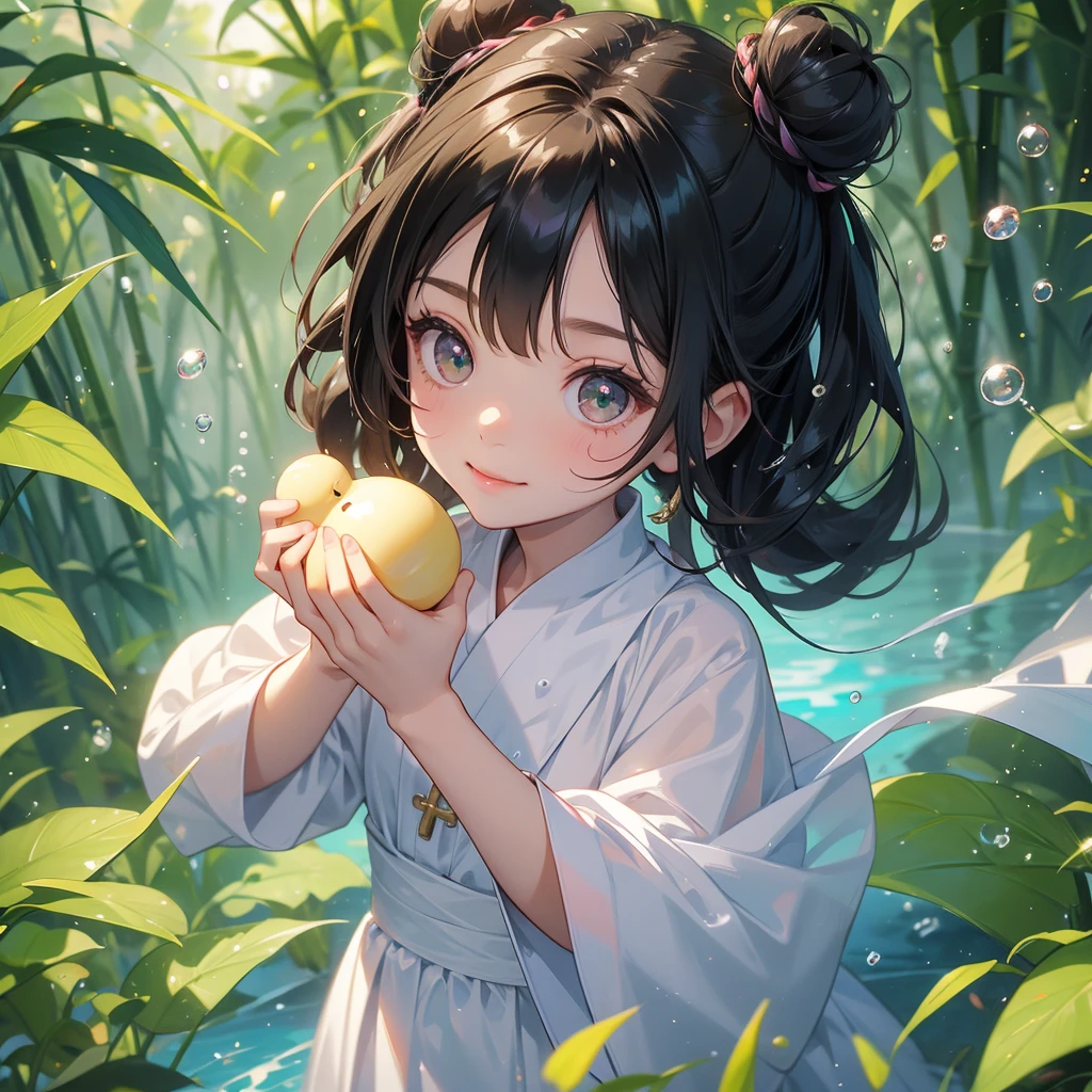 A chibi child girl had a small face and wearing a little tourist priest’s outfit, a pair of big round eyes shone with curiosity about him. This child was so cute, her hair is black with buns on her hair. Small chibi , chibi baby, smiling , chibi.
The back is a lush green bamboo forest. The air after rain has water droplets splashing around.