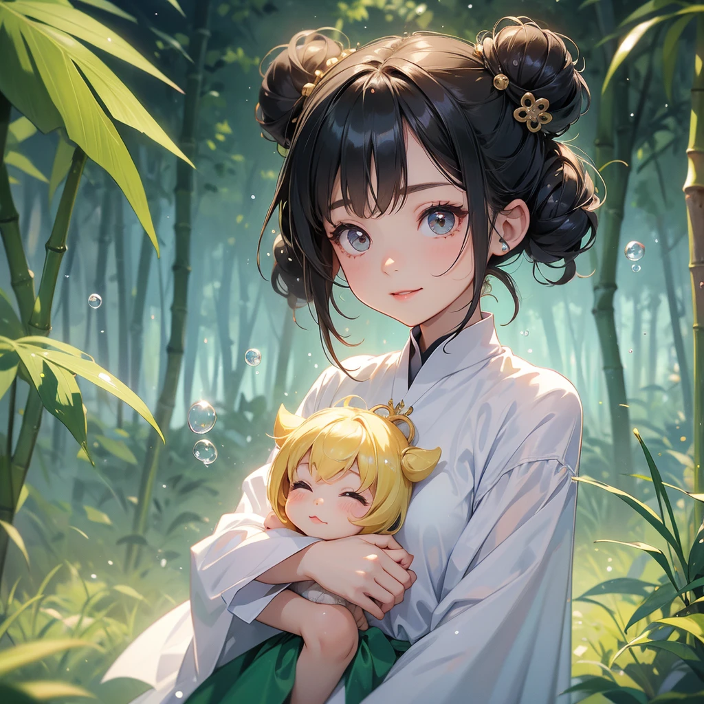 A chibi child girl had a small face and wearing a little tourist priest’s outfit, a pair of big round eyes shone with curiosity about him. This child was so cute, her hair is black with buns on her hair. Small chibi , chibi baby, smiling , chibi.
The back is a lush green bamboo forest. The air after rain has water droplets splashing around.