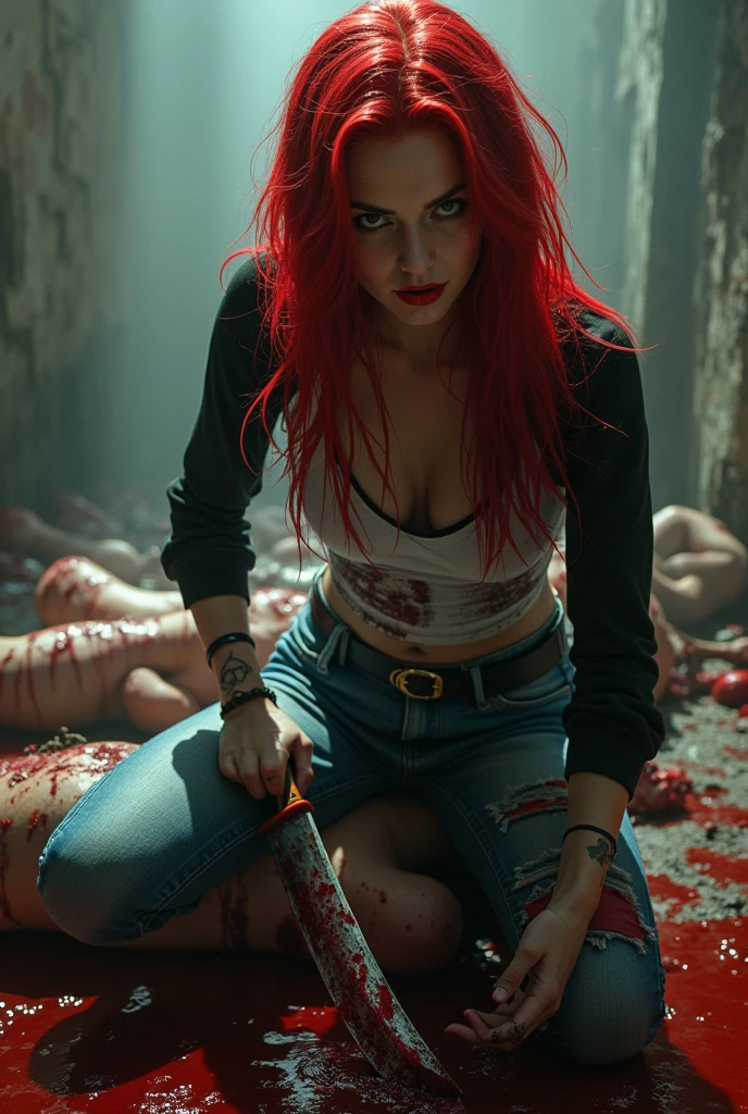Seductive and Beautiful young woman with a soul of pure evil and hatred. Alluring long red haired serial killer wearing a punk rock raglan top, skinny jeans, and combat boots. Surrounded by blood and bodies. She attacks a man viciously, A bloody knife in her right hand. A sinister smile crosses her glossy red lips.