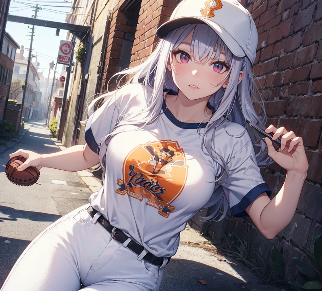 (Close-up:1.3),Realistic,Highest quality, Super detailed, High-quality CG rendering, The most delicate and beautiful, Floating softly, High resolution, (1 female), (Highest quality,4K,8k,masterpiece:1.2), Light purple hair,(Long Hair:1.5),Red eyes,(Pure white oversized short sleeve T-shirt:1.3),(Pure white skinny jeans:1.3),(Pure white baseball cap:1.3),In the city,old buildings,Narrow back alley