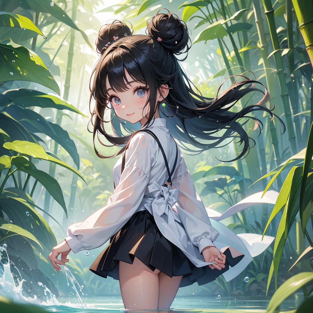 A chibi child girl had a small face and wearing a little tourist priest’s outfit, a pair of big round eyes shone with curiosity about him. This child was so cute, her hair is black with buns on her hair. Small chibi , chibi baby, smiling , chibi.
The back is a lush green bamboo forest. The air after rain has water droplets splashing around.