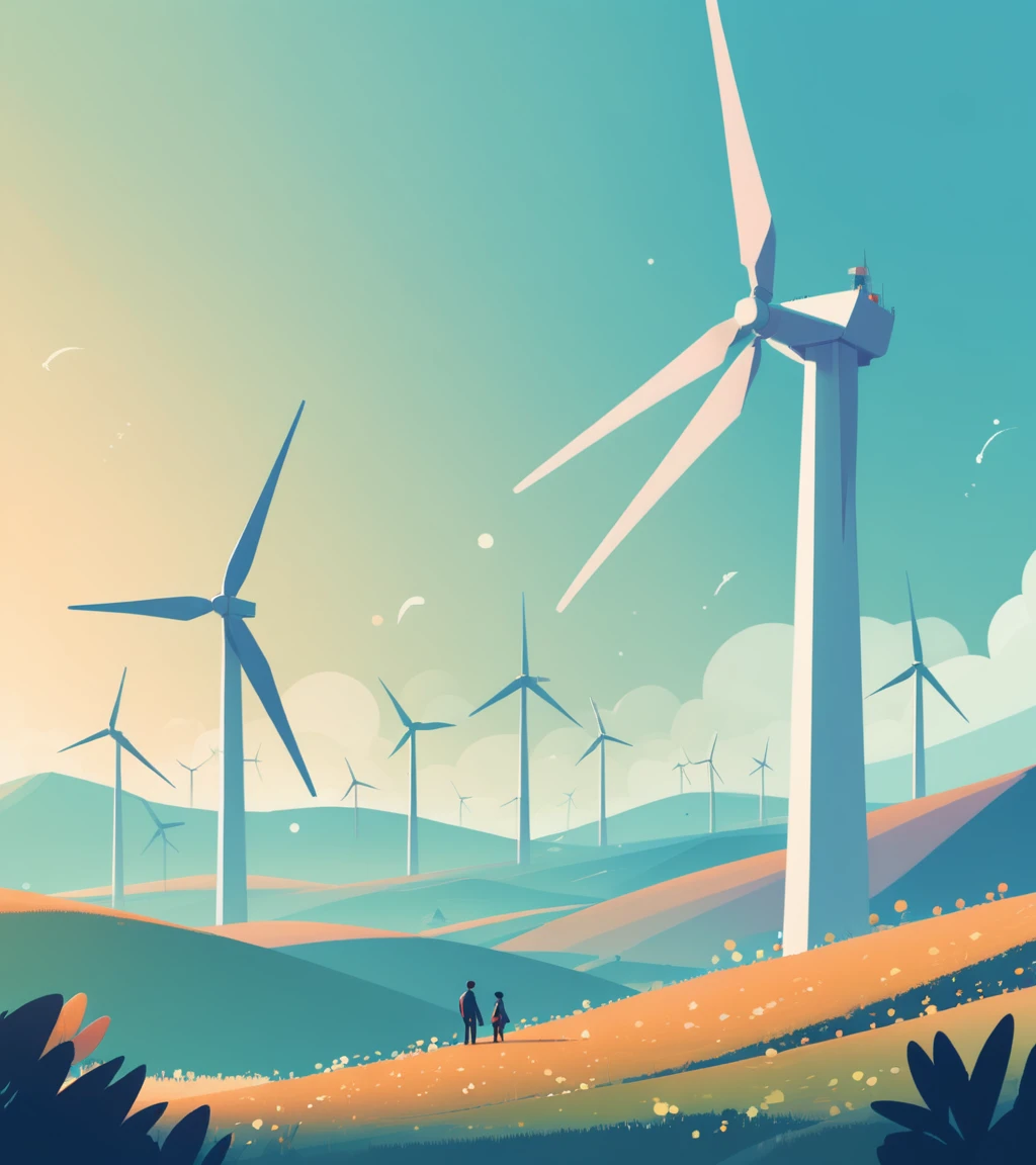 concept art in the style of James Gilleard, illustration of an illustration, Scaly, at Wind farm, Bokeh, by Zhichao Cai, Romantic, Excessivism, inspired by Atey Ghailan, james gilleard artwork . digital artwork, illustrative, painterly, matte painting, highly detailed